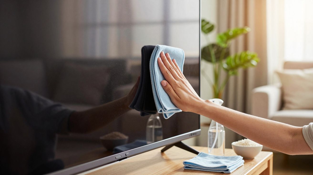 Mano limpiando una pantalla de televisión con un paño azul en un salón con plantas y luz natural.
