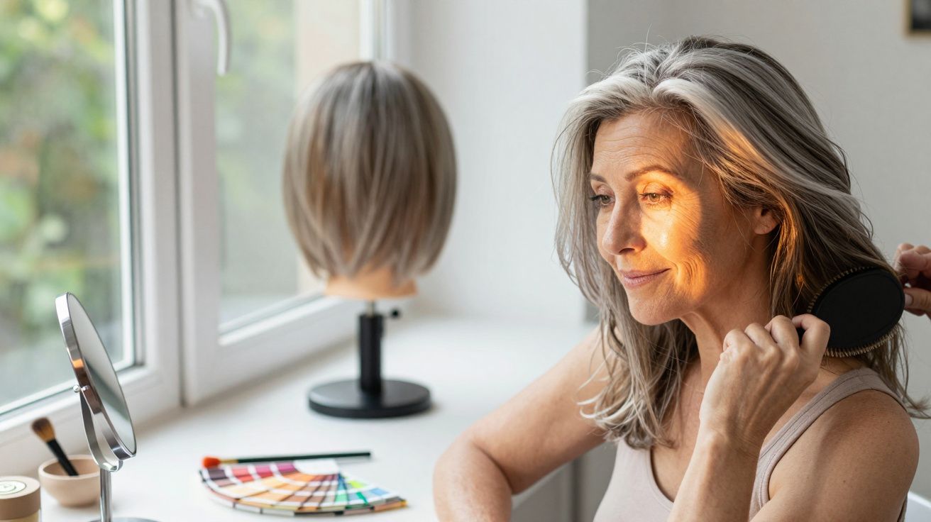 Mujer mayor peinándose frente a un espejo junto a una ventana, con una peluca en un soporte cerca.