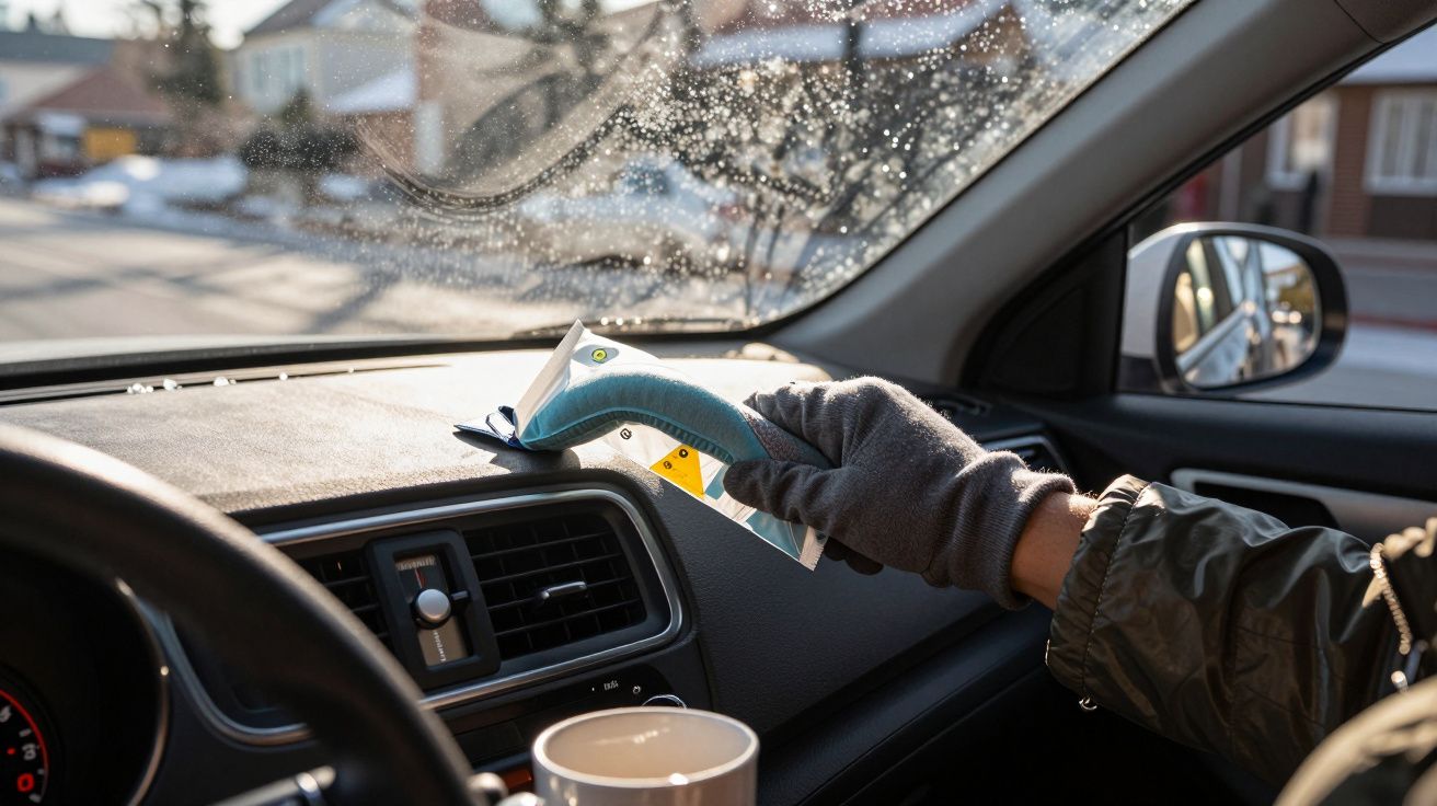 Mano con guante rascando hielo del parabrisas de un coche desde el interior, taza en el salpicadero.