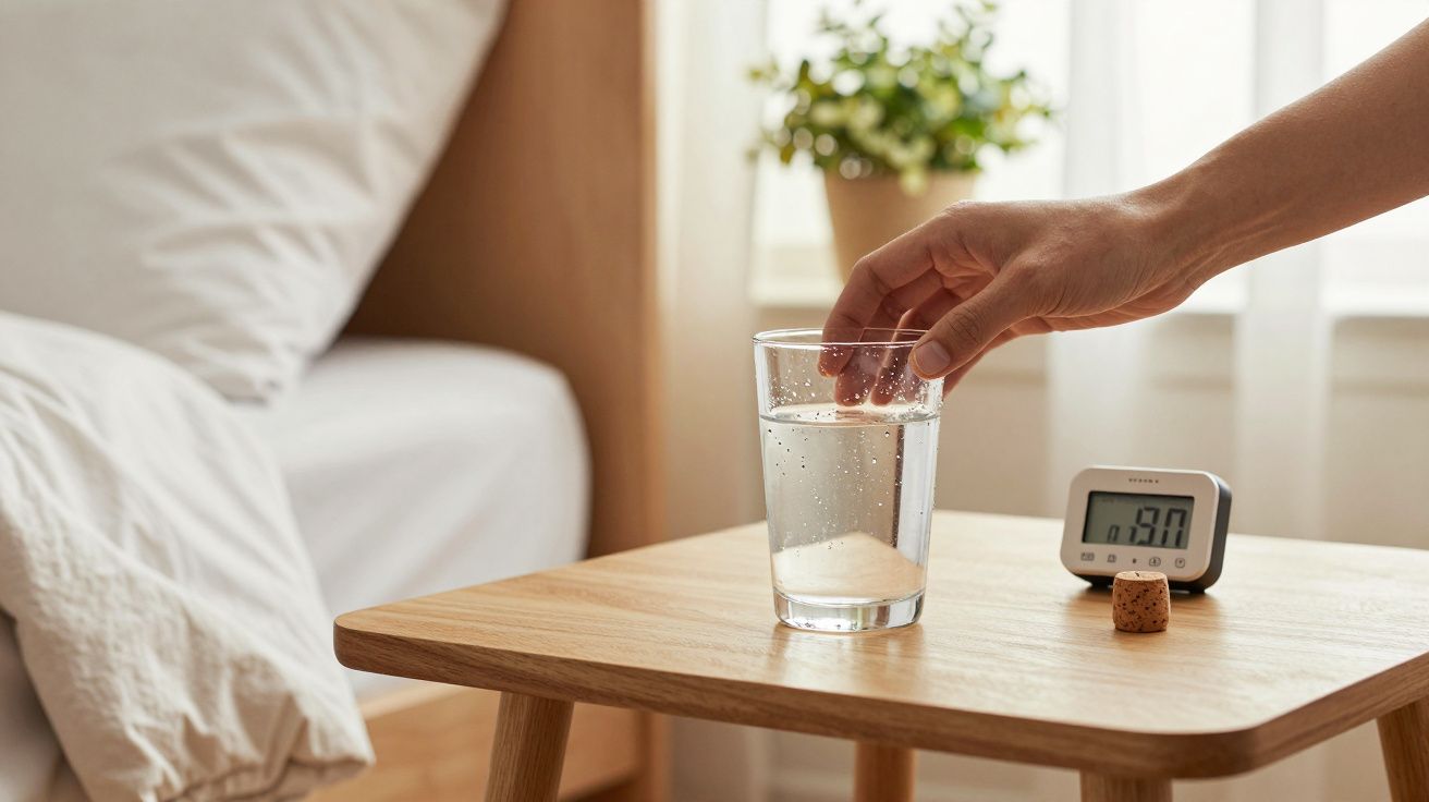 Mano acercándose a un vaso de agua en una mesa de noche con despertador y planta al fondo.