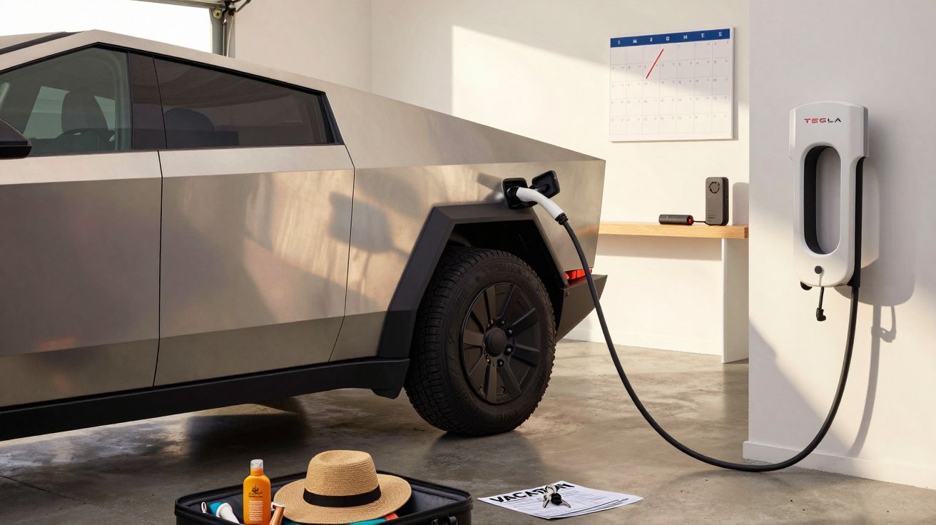 Camioneta eléctrica cargándose en un garaje, con una maleta abierta y un calendario en la pared.