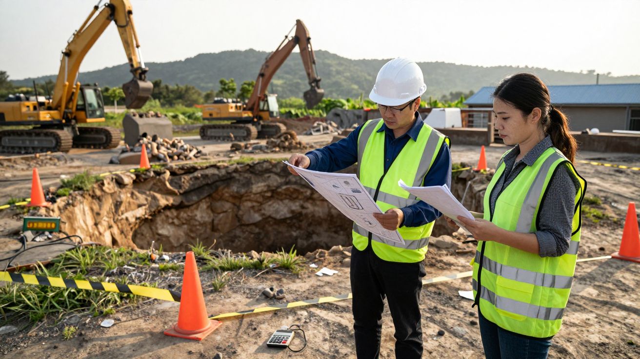 Ingenieros revisan planos en una obra de construcción al aire libre, con excavadoras y montañas al fondo.