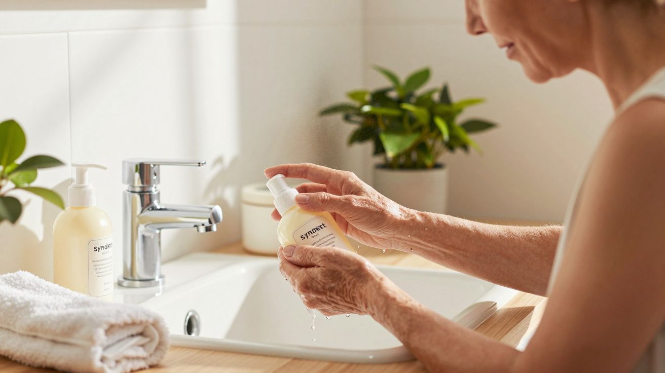 Persona lavándose las manos en el lavabo con jabón líquido. Toalla blanca y planta verde al fondo.