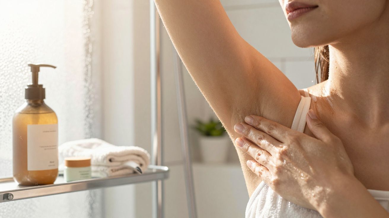 Mujer aplicando loción en la axila en un baño iluminado. Hay productos de cuidado personal sobre un estante cercano.