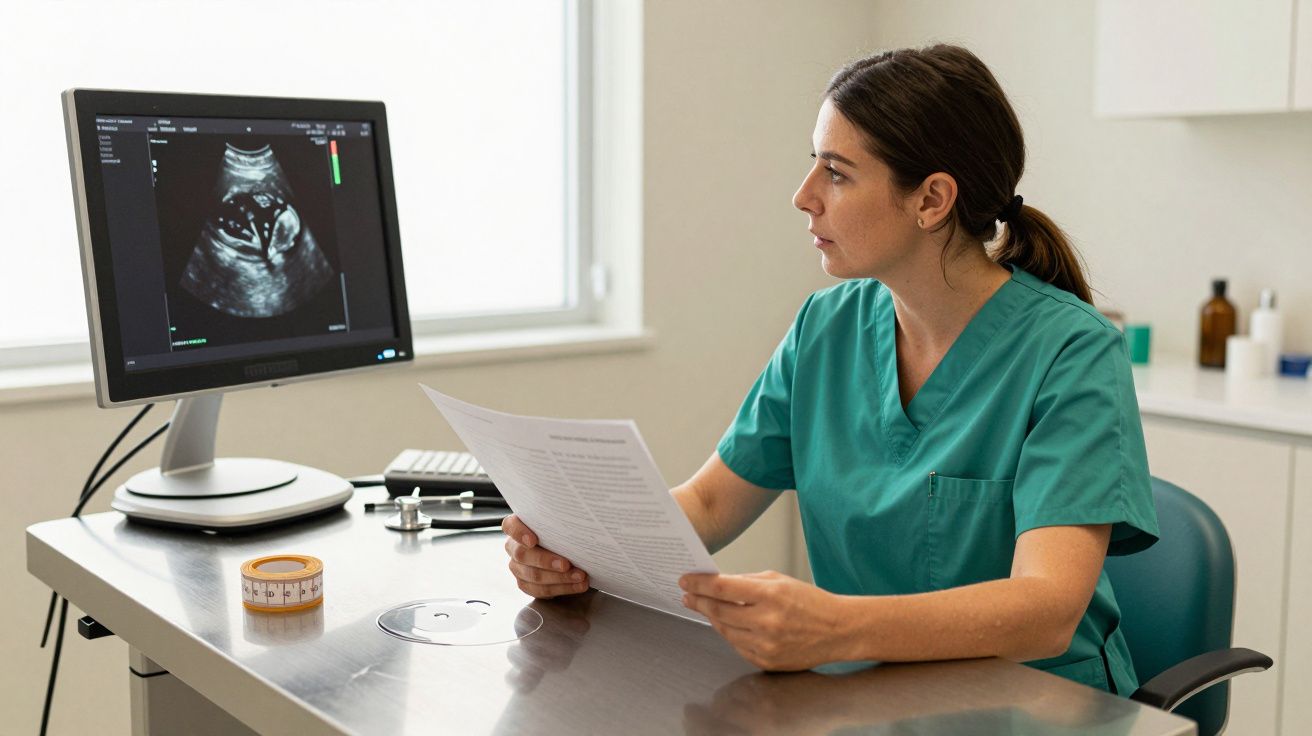Médica en uniforme verde revisa ecografía en monitor mientras sostiene documentos en una consulta clínica.