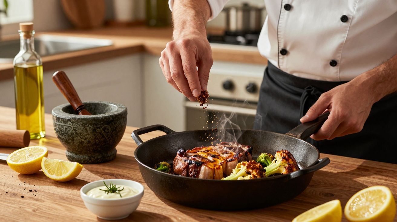 Chef sazonando filete en sartén de hierro fundido en cocina. Limones, aceite y especias en la encimera de madera.