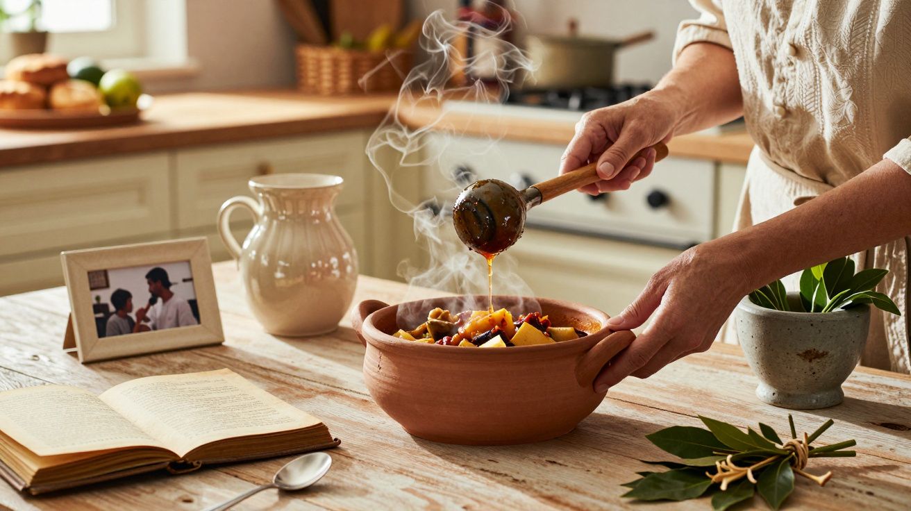 Persona sirviendo guiso humeante en cocina rústica, rodeada de libros, planta y una foto enmarcada.