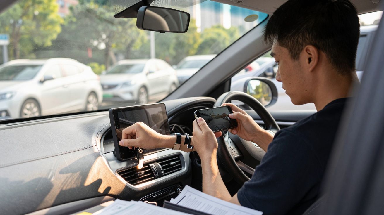 Hombre en coche usando el teléfono móvil y el sistema de navegación mientras está estacionado.