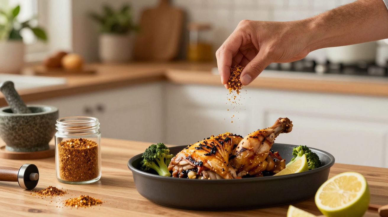 Mano espolvoreando especias sobre pollo asado en una bandeja, rodeado de brócoli y rodajas de limón en una cocina moderna.
