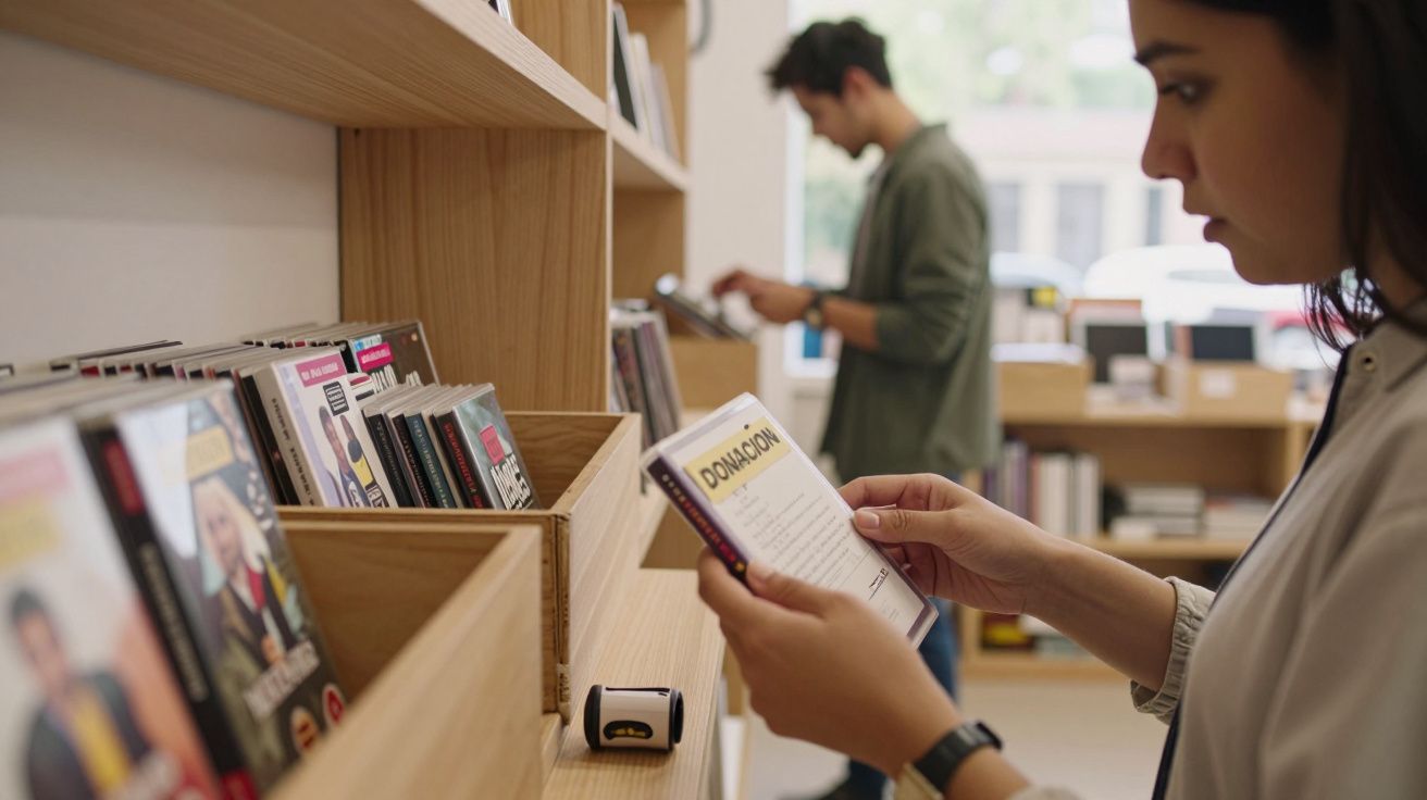 Persona en librería revisando un libro mientras otra persona busca entre estantes llenos de libros y revistas.