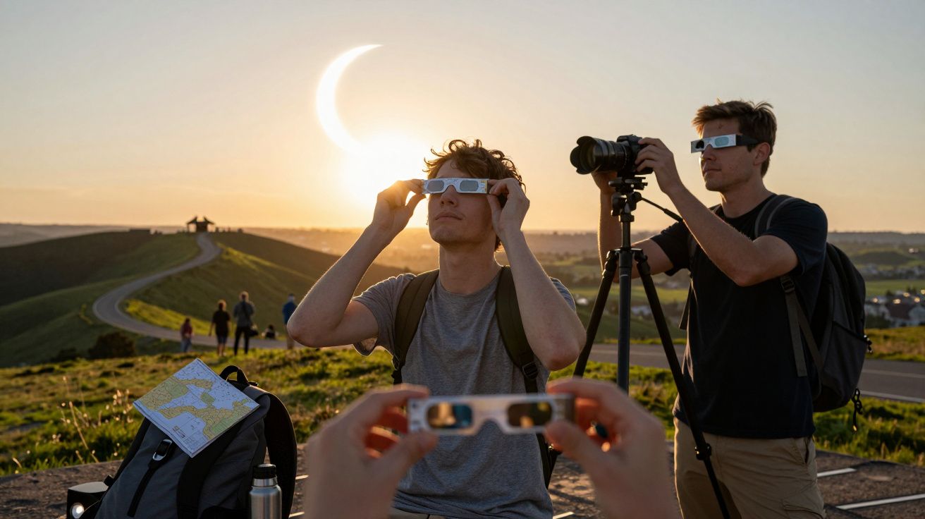 Dos personas observan un eclipse solar con gafas especiales al atardecer en un paisaje campestre.