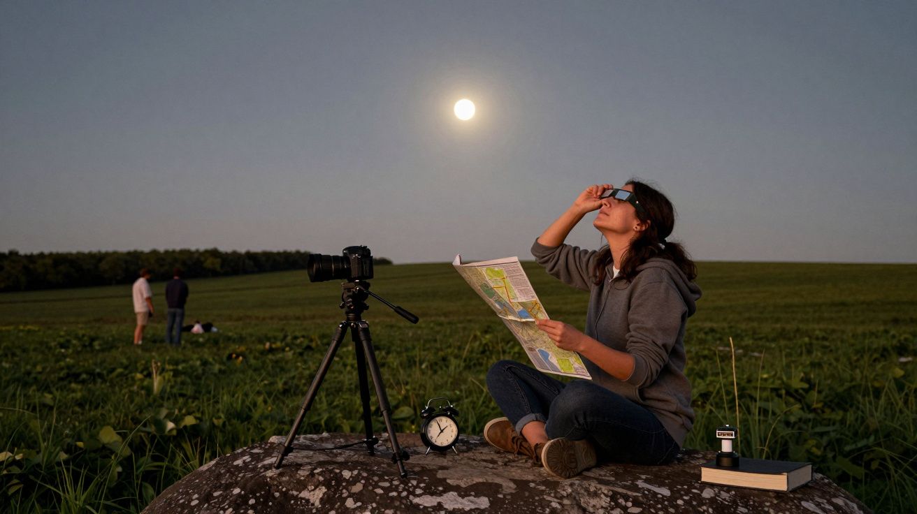 Mujer observa la luna con gafas especiales, sentada en una roca con mapa y cámara, mientras otras personas están al fondo.