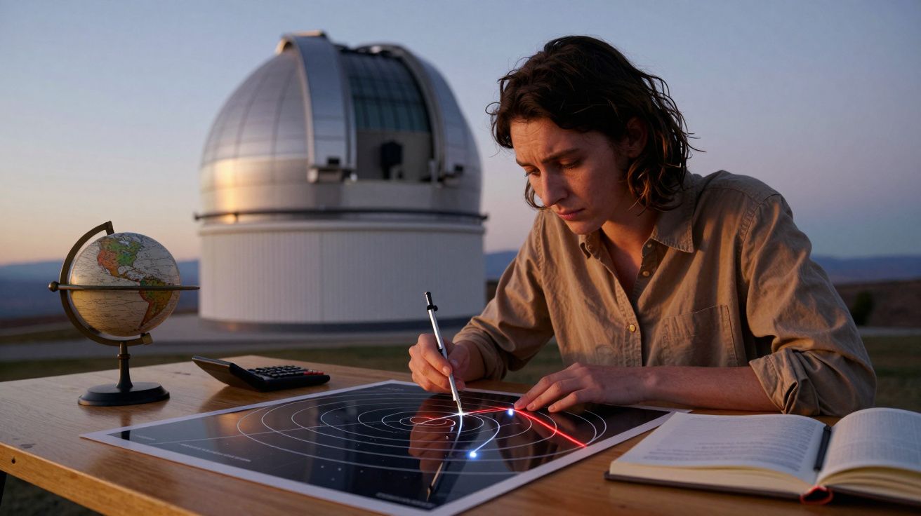 Persona estudiando un mapa estelar al atardecer frente a un observatorio, con un globo terráqueo y un cuaderno en la mesa.