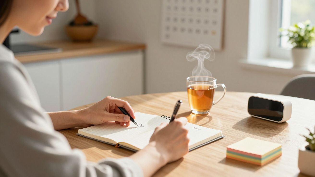 Mujer escribiendo en un cuaderno en una mesa con una taza de té caliente, un reloj digital y notas adhesivas.