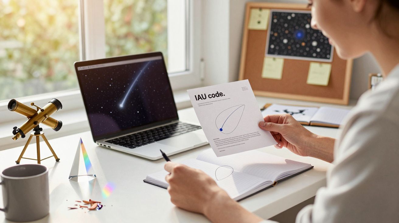 Persona revisando un documento de astronomía en un escritorio con telescopio y portátil mostrando un cometa.