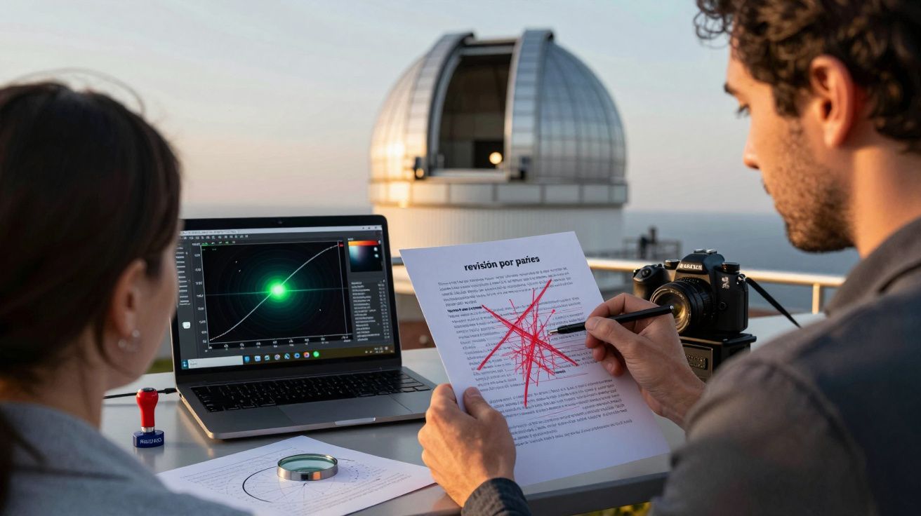 Dos personas revisan documentos en un observatorio astronómico al atardecer con un portátil y una cámara sobre la mesa.