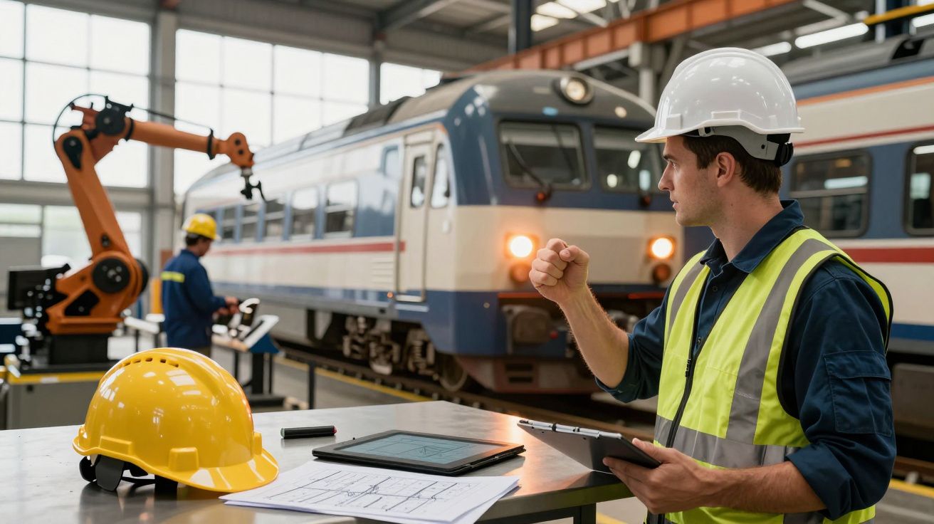 Ingeniero con casco y chaleco, revisando tablet en taller de trenes, con plano y herramienta robótica al fondo.