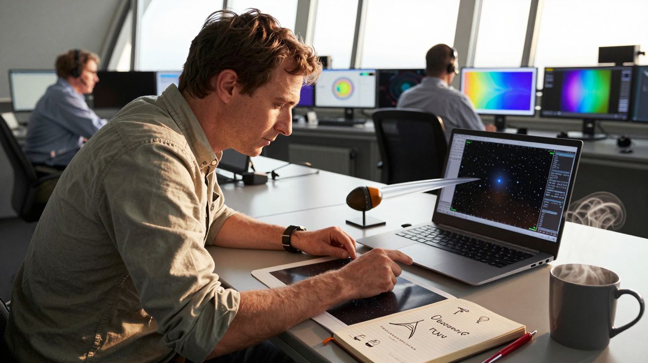 Hombre usando un portátil en oficina moderna con pantallas, cohete modelo y diagramas en mesa.