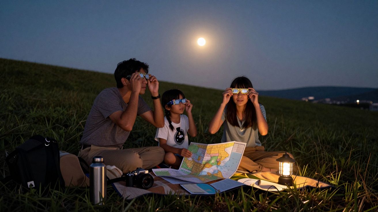 Familia observando el cielo nocturno con lentes especiales en una colina bajo la luz de la luna, rodeados de mapas y linterna