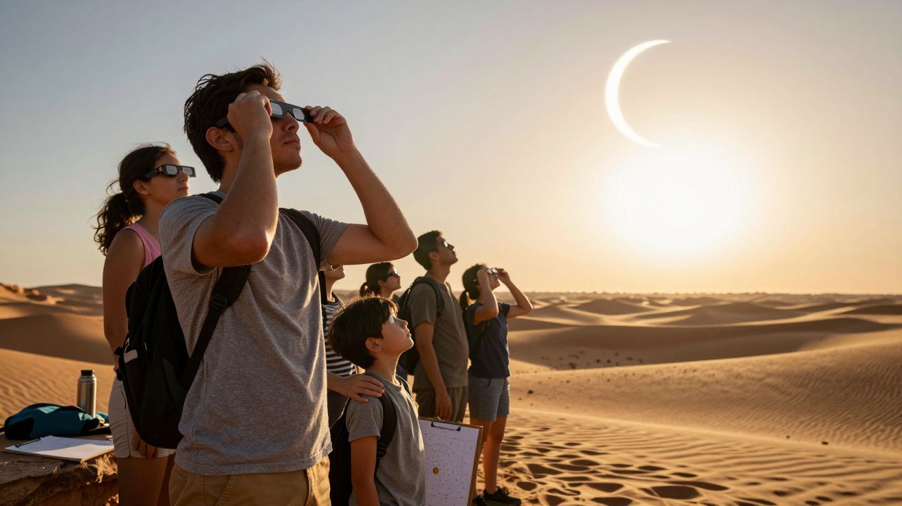 Grupo de personas con gafas especiales observando un eclipse solar en el desierto durante el atardecer.