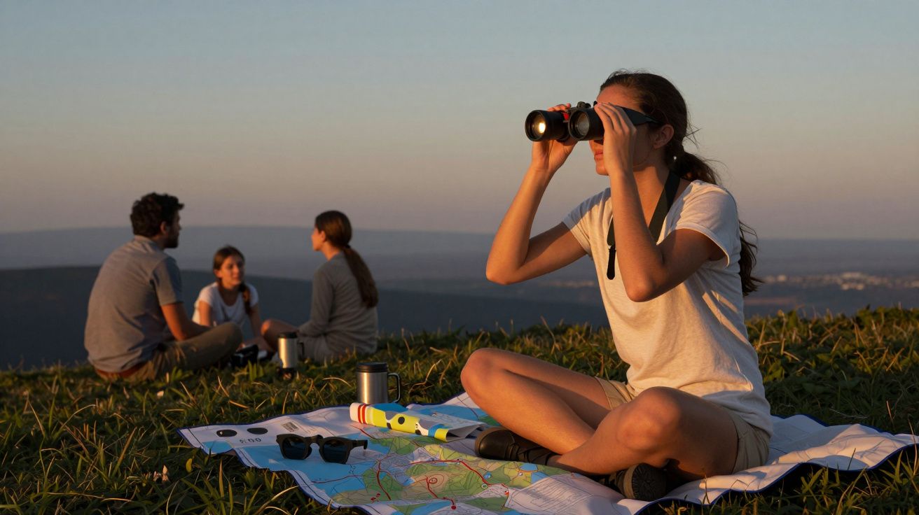 Persona con prismáticos en un prado al atardecer, mapa y termos en el suelo; tres personas conversan al fondo.