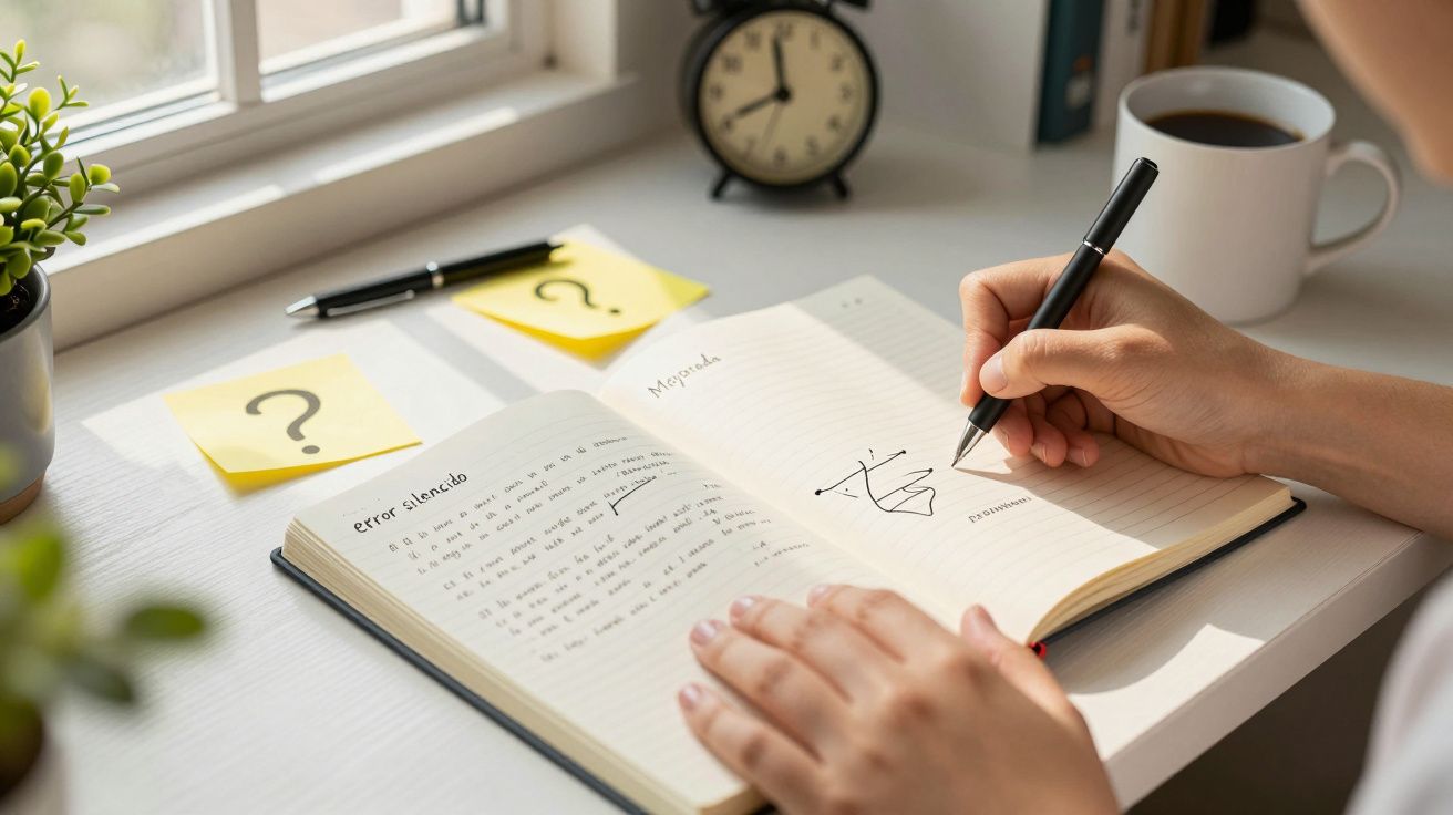 Manos escribiendo en un cuaderno sobre un escritorio con notas adhesivas, taza de café y reloj despertador.