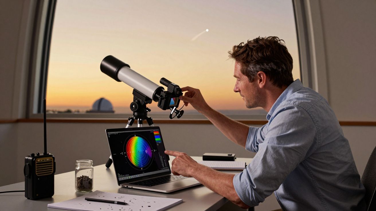 Hombre ajusta un telescopio junto a una portátil con gráfico de colores, al atardecer en un observatorio moderno.