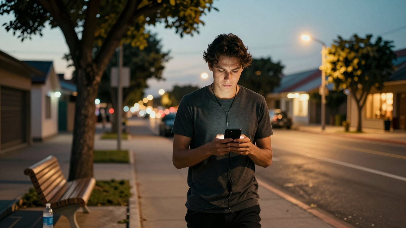 Hombre joven caminando por la calle por la noche mientras mira su teléfono móvil bajo la luz de las farolas.