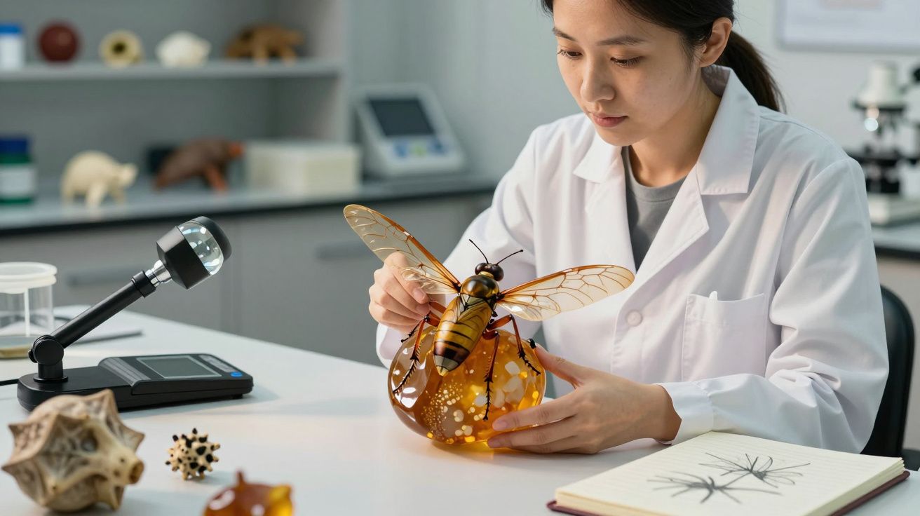 Científica en laboratorio examinando un modelo de insecto grande sobre ámbar, con microscopio y cuaderno dibujado.