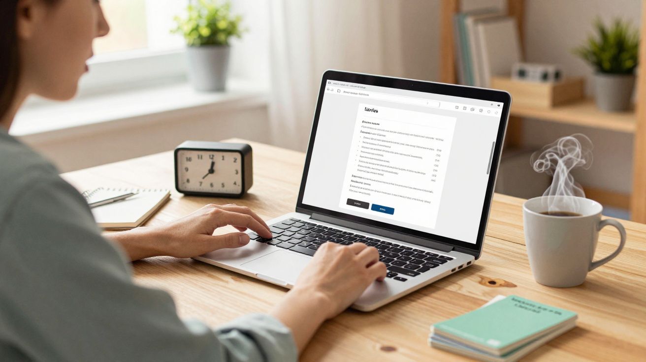 Mujer trabajando en un portátil en una mesa de madera, con una taza de café y un reloj.