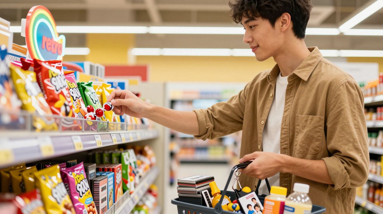 Joven eligiendo aperitivos en el pasillo de una tienda, sostiene una cesta con productos variados.