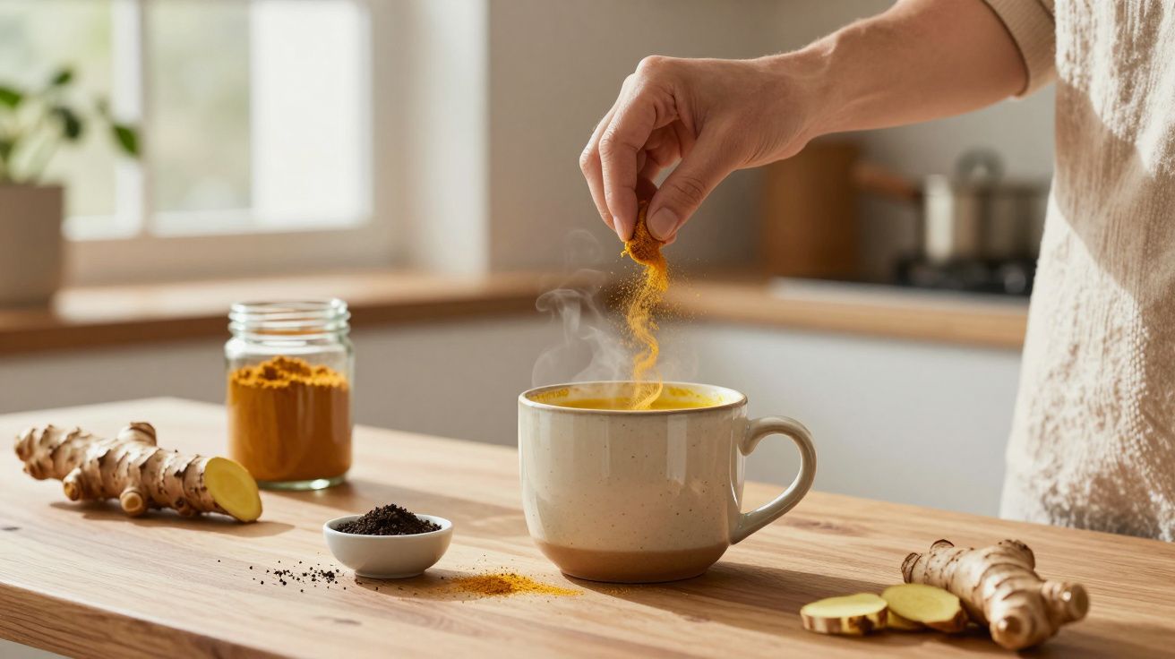 Persona agregando cúrcuma a una taza humeante en una cocina, con jengibre y especias en la mesa.