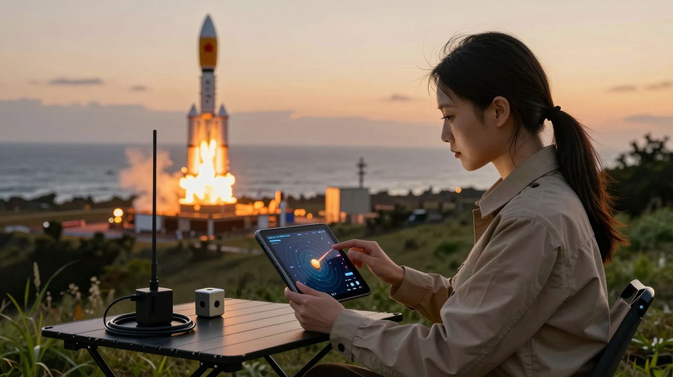 Mujer usando tableta frente a un cohete despegando al atardecer, con el océano de fondo.