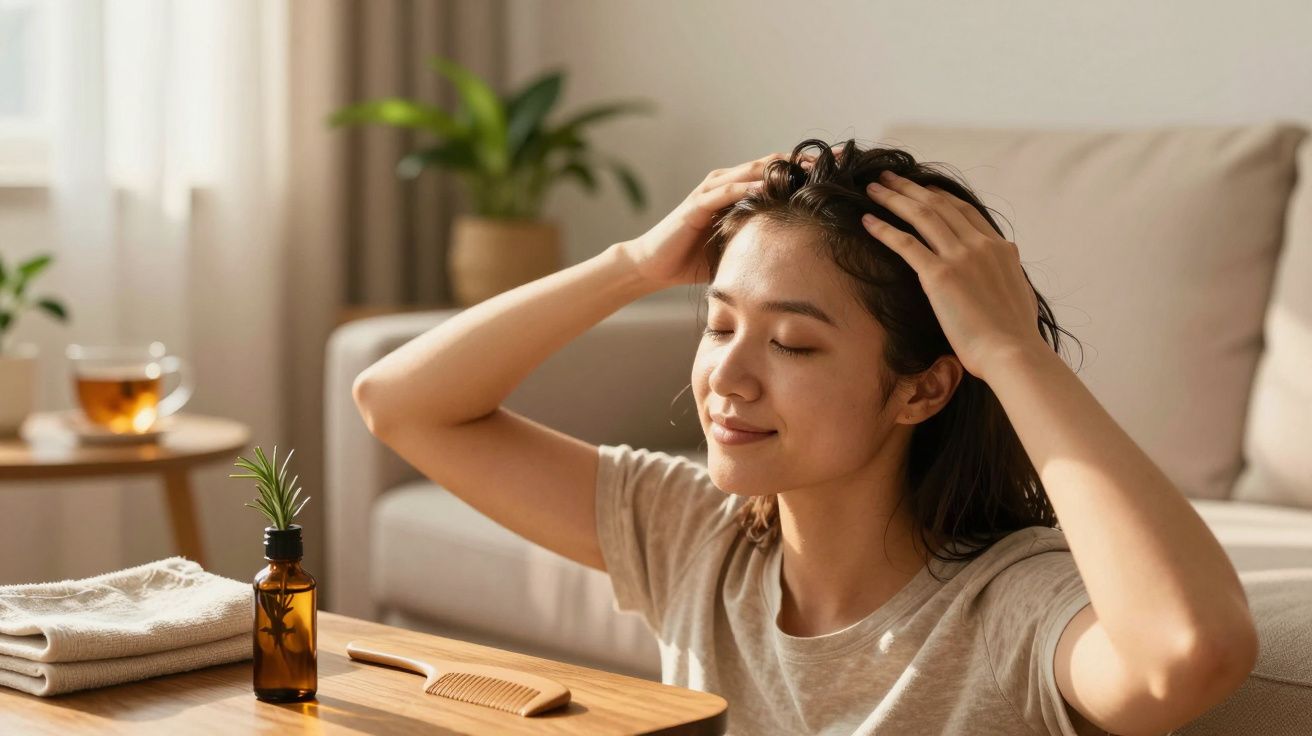 Mujer masajeándose el cuero cabelludo, sentada en una mesa con botella de aceite, peine y planta en un salón iluminado.