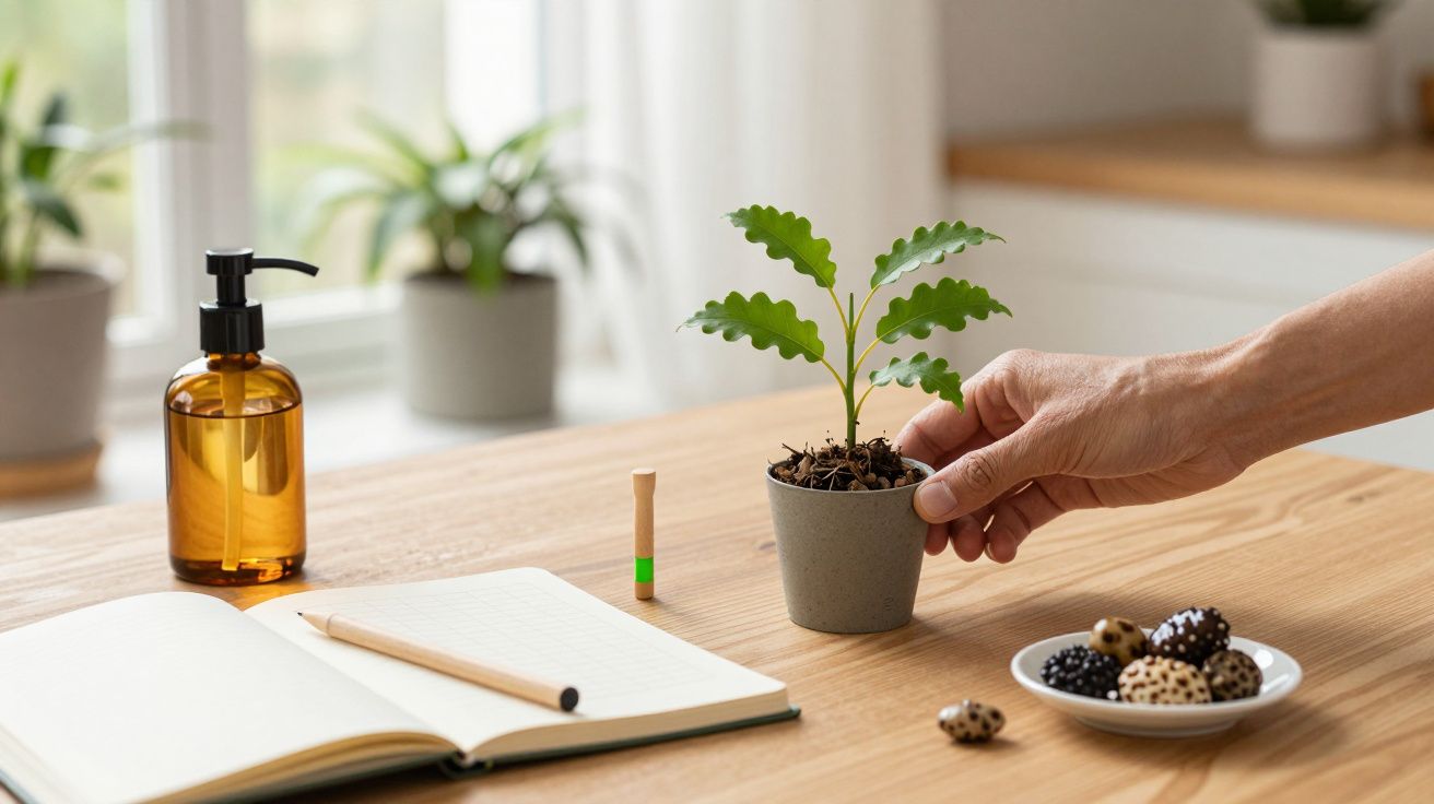 Mano colocando maceta pequeña en mesa con libreta, lápiz, dispensador de jabón y plato con decoraciones naturales.