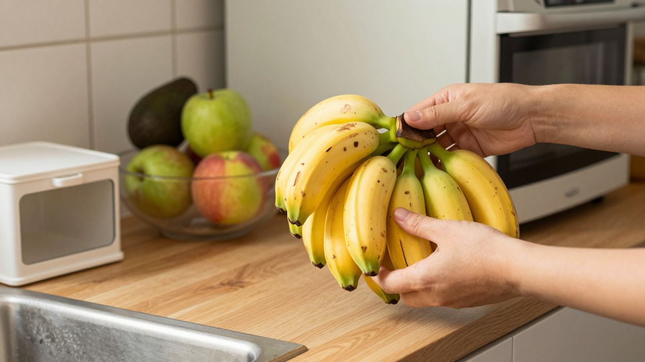 Manos sosteniendo un racimo de plátanos amarillos en una cocina, cerca de un bol con manzanas y un aguacate.