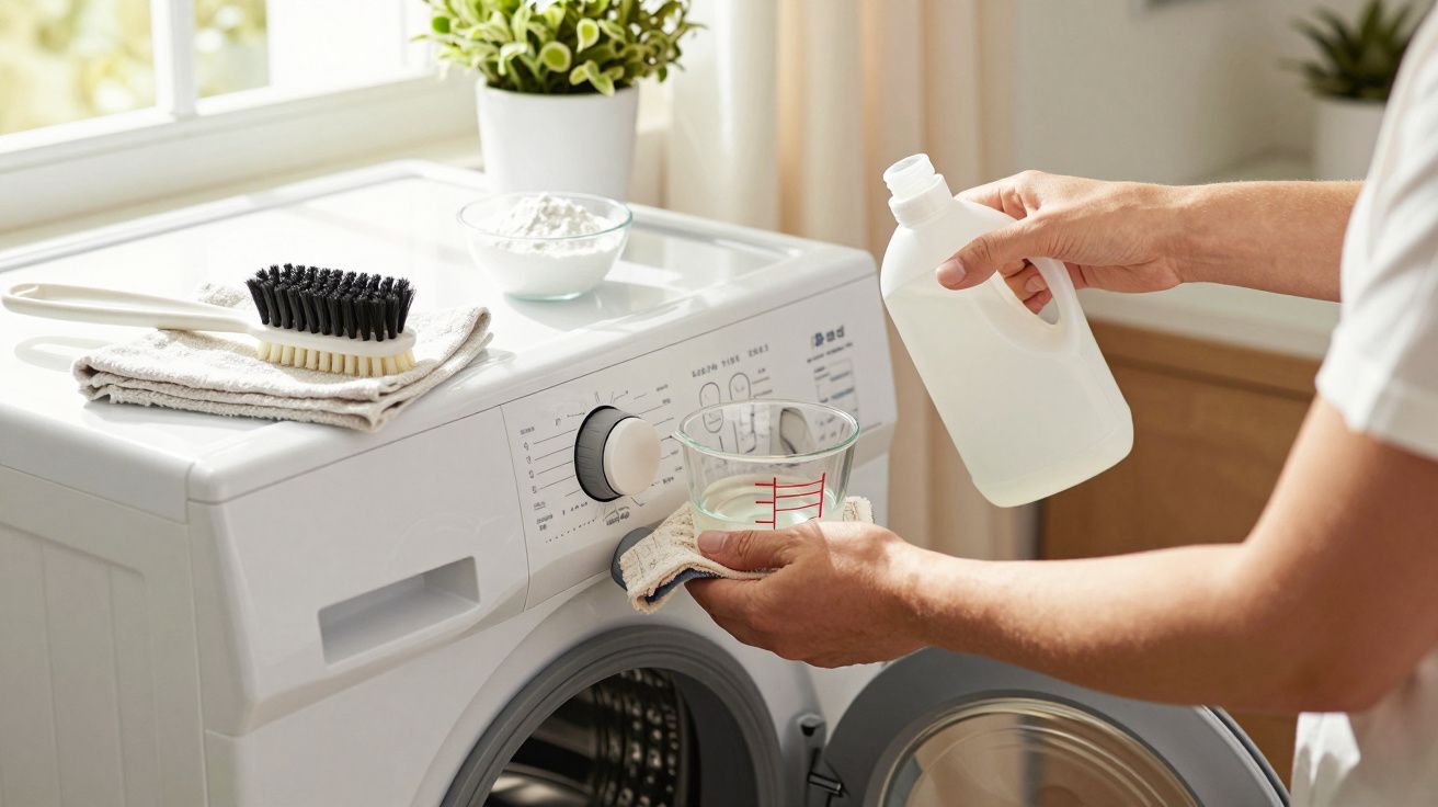 Persona preparando detergente líquido frente a lavadora con cepillo y paños encima.