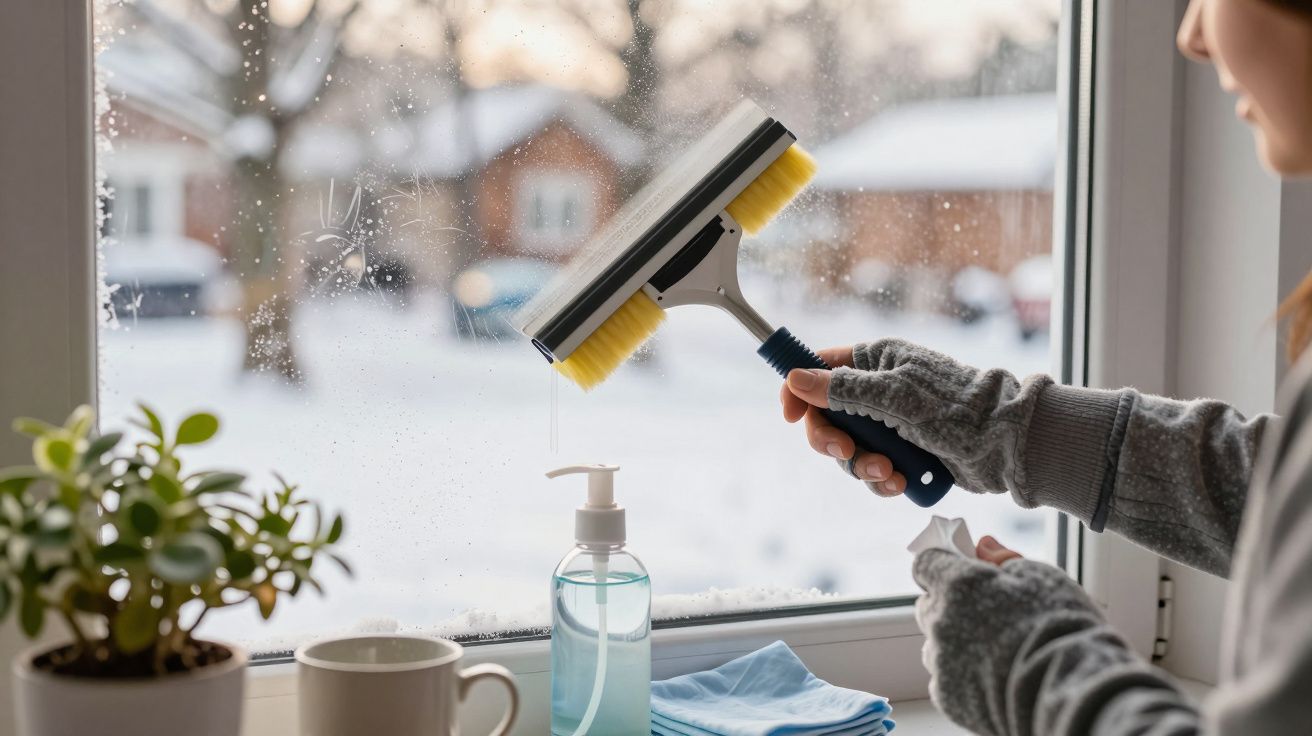 Persona limpiando ventana con rasqueta en día nevado, planta y botella sobre el alféizar.