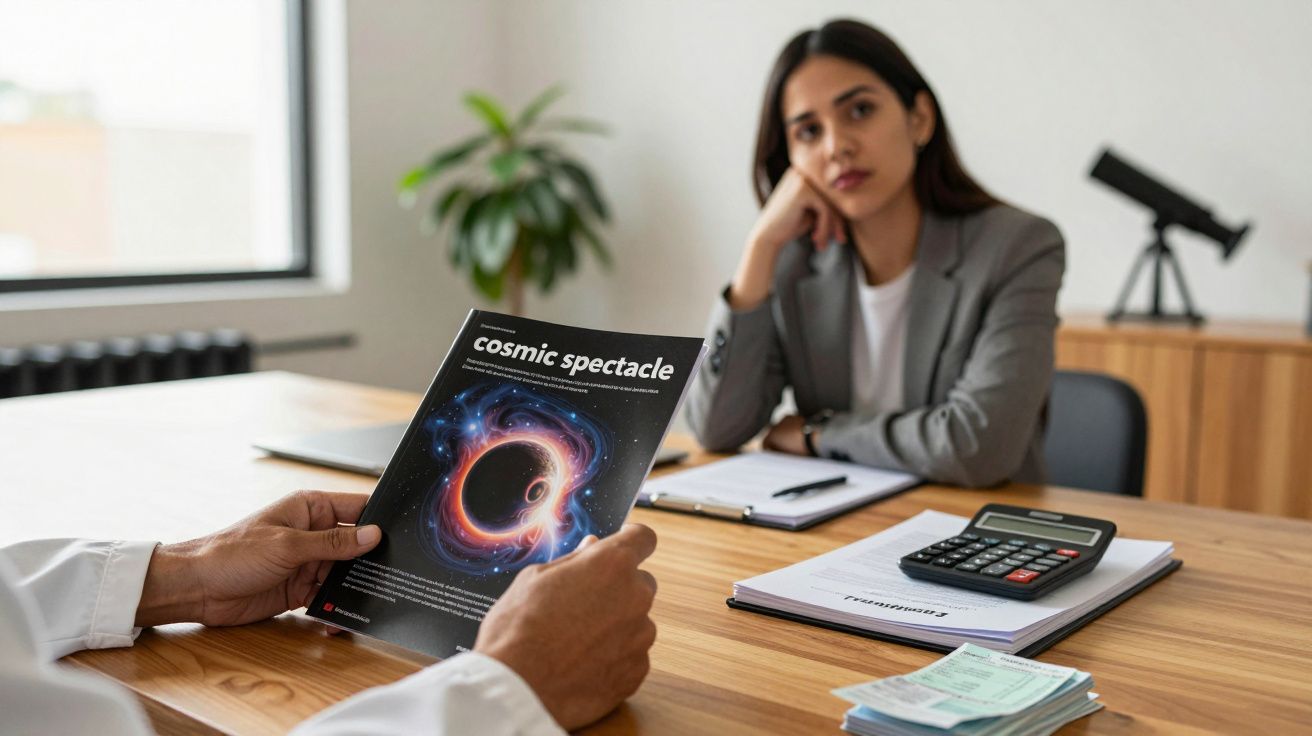 Persona en una oficina leyendo una revista sobre fenómenos cósmicos; enfrente, mujer pensativa con calculadora y documentos.