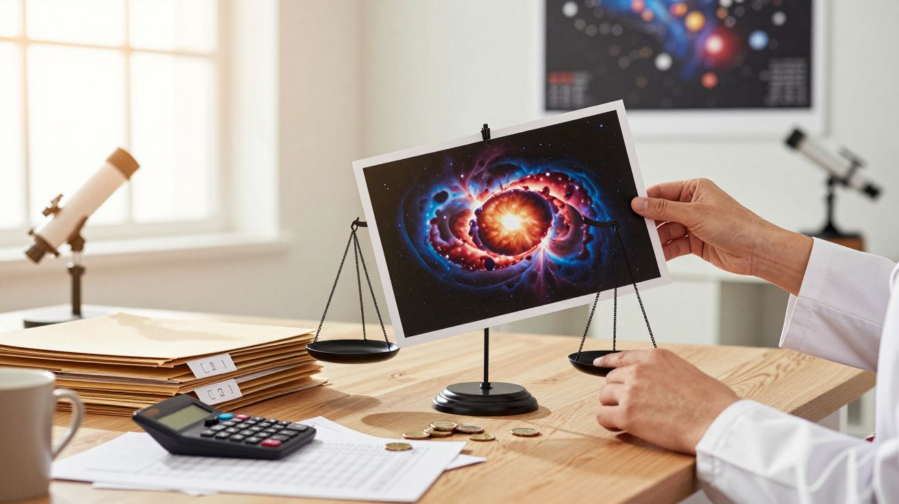Mano sujeta una imagen de una nebulosa sobre una balanza en un escritorio con telescopio, calculadora y monedas.