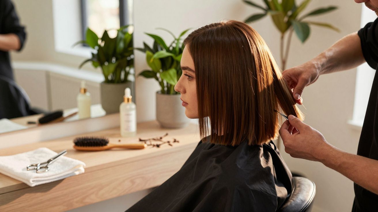 Mujer en salón de belleza con peinado bob, mientras el estilista le arregla el cabello.