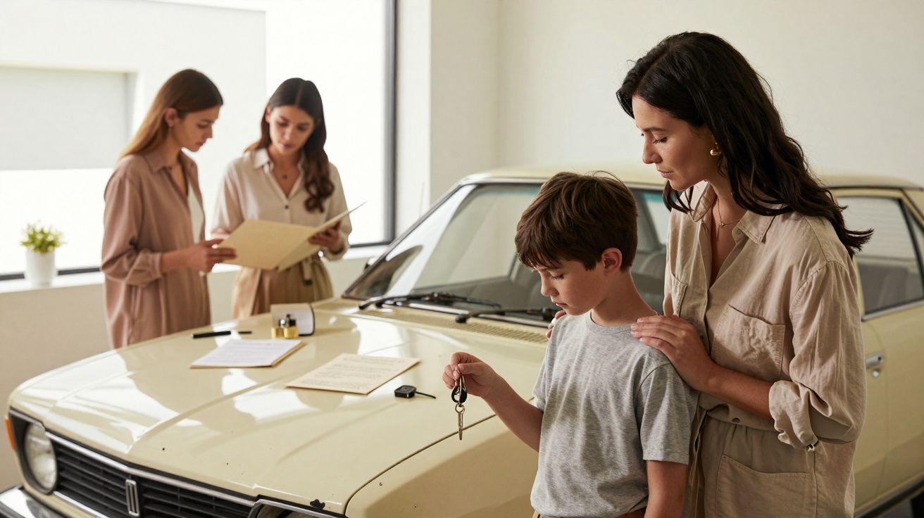 Mujer y niño junto a un coche clásico, sosteniendo llaves. Dos mujeres revisan documentos en segundo plano.