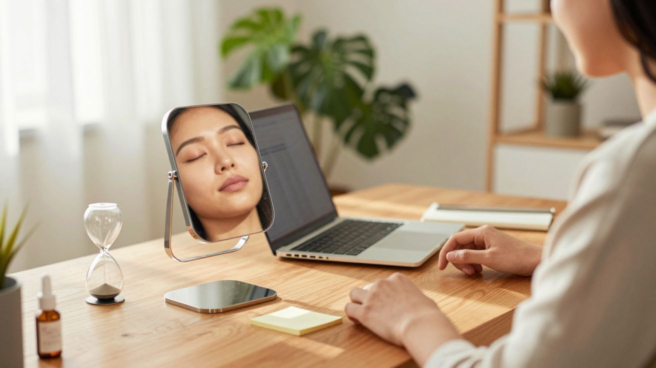 Persona trabajando en escritorio con espejo reflejando rostro descansado, junto a portátil y reloj de arena.