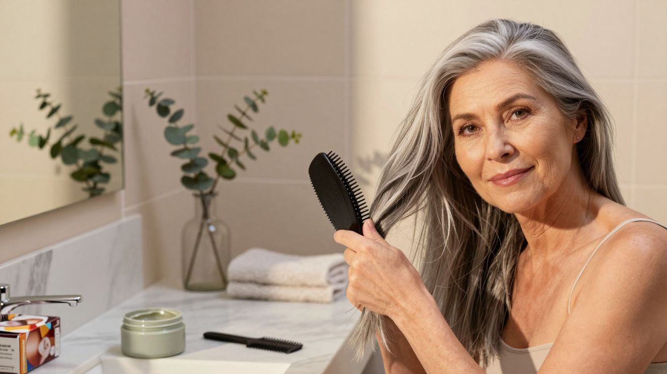 Mujer mayor peinando su cabello gris en un baño iluminado. En el fondo, toallas, un peine y plantas decorativas.