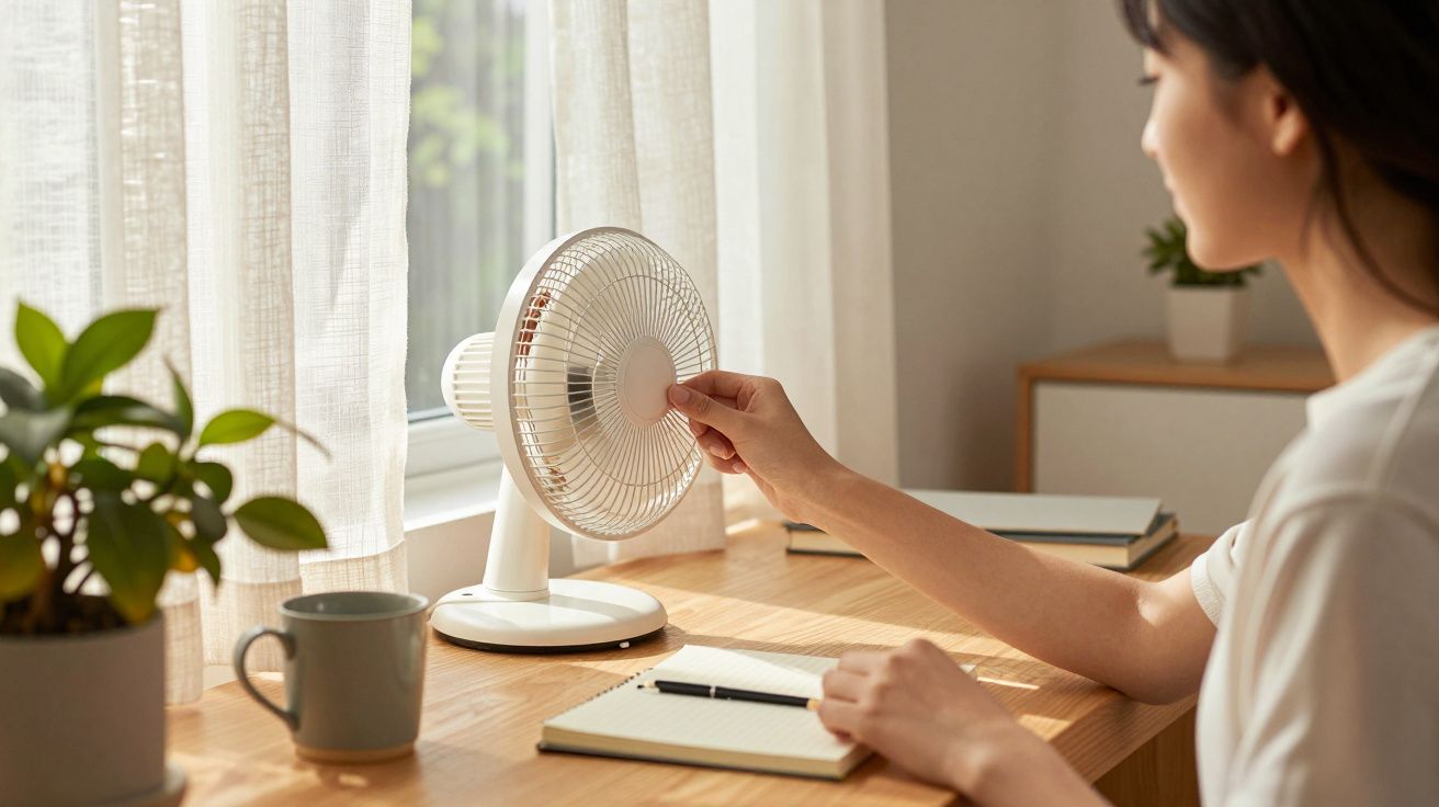 Mujer ajustando un ventilador de mesa en un escritorio junto a una planta, taza y cuaderno. Luz suave a través de la cortina.