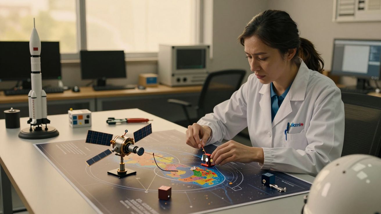 Mujer científica trabajando en maquetas espaciales en un laboratorio con cohete y satélite sobre una mesa.