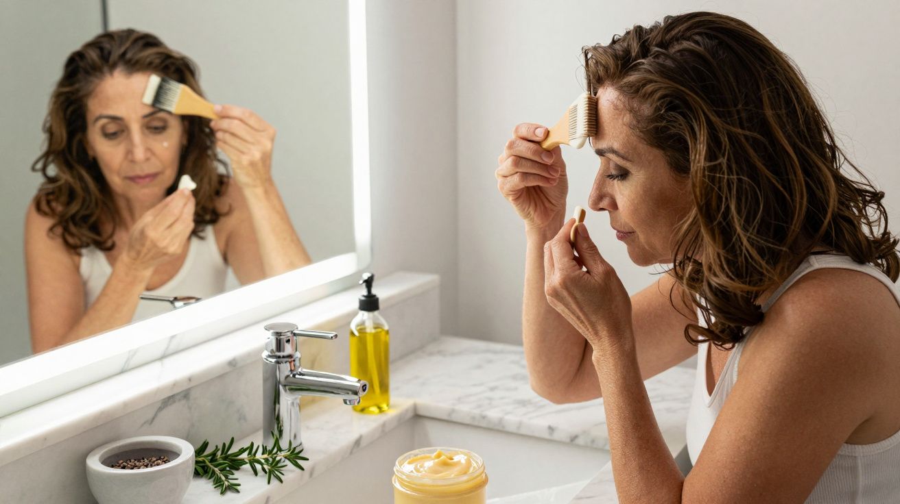 Mujer aplicándose mascarilla facial en el baño, frente al espejo, con productos de cuidado personal sobre el lavabo.