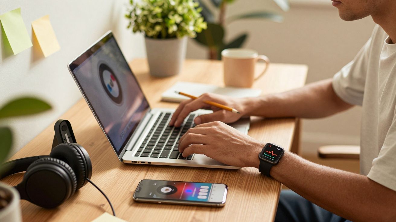 Persona trabajando en un portátil en un escritorio con taza, auriculares y móvil cerca. Lleva un reloj inteligente.