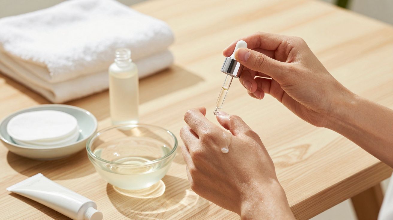 Manos aplicando suero facial en un entorno de cuidado de la piel con toallas y tarros sobre una mesa de madera.