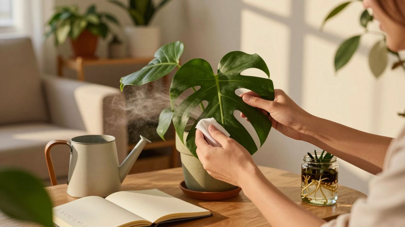 Persona limpiando hoja de Monstera junto a regadera y cuaderno en mesa de madera. Fondo con plantas y sofá.